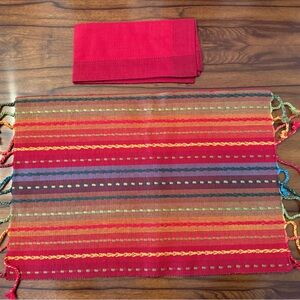 Striped Multicolor Handwoven Table Mat with matching Red Napkin - set of 4